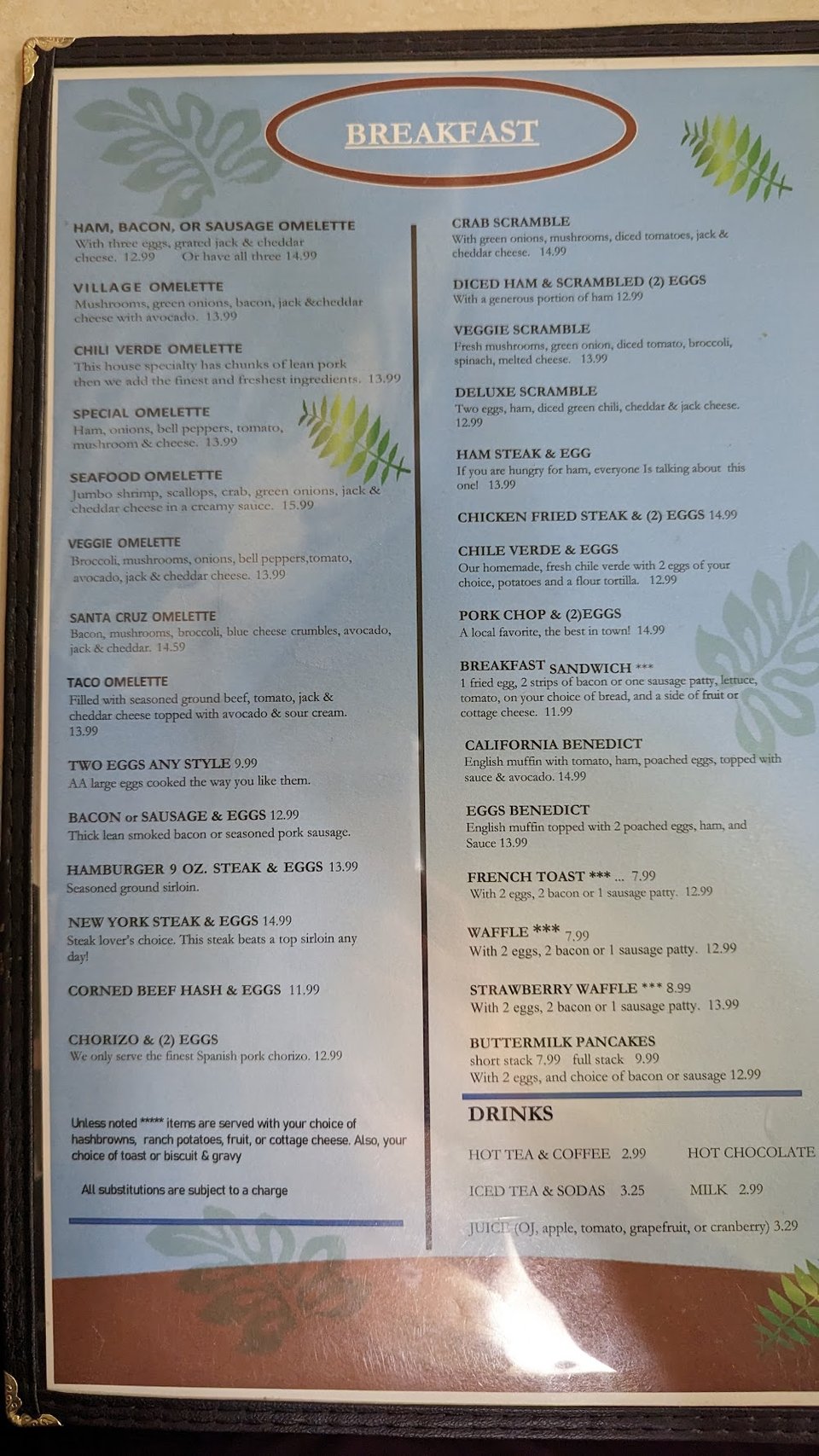 Menu page with breakfast, lunch, and sandwich sections.