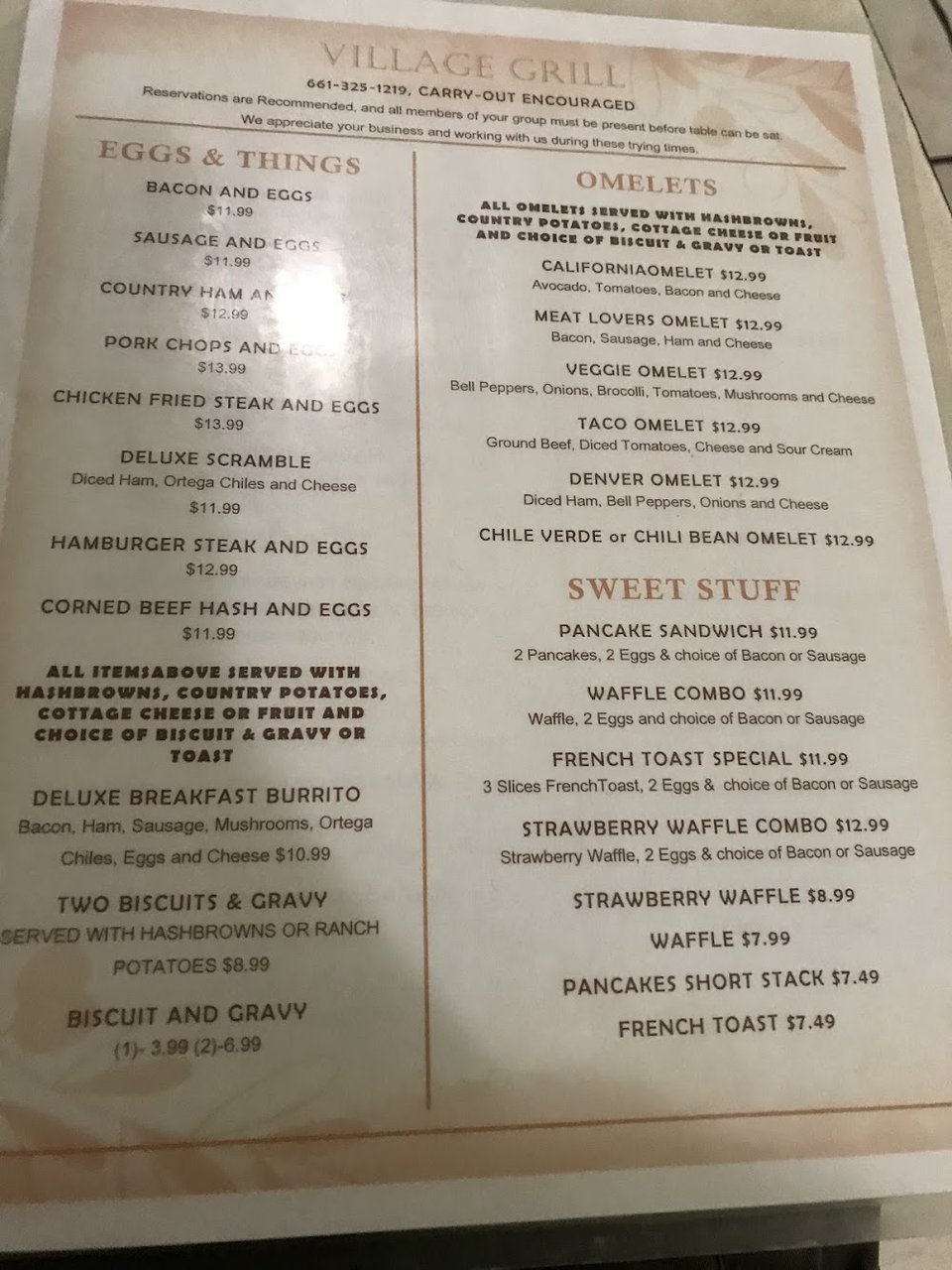 Restaurant menu layout with simple category headings.